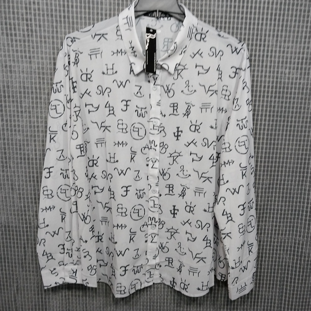 Lucky & Blessed White Button-Down Shirt with Black Logo Print